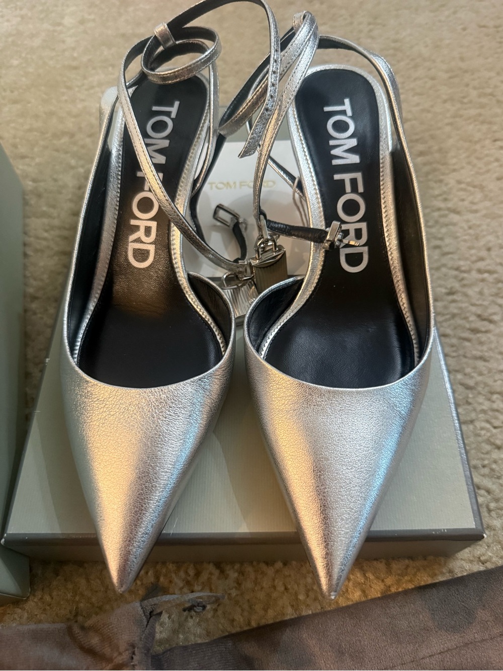 Tom Ford Metallic Silver Pointed Slingback Pumps